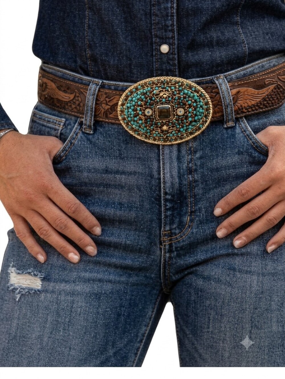 Vtg USA Accessories Tooled Leather Western Belt Ornate Jeweled Buckle Sz 38-40
